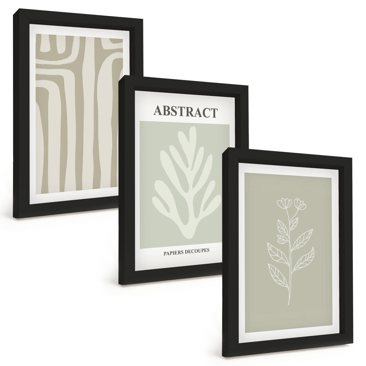 BILDER SET 3er Set - 20x30 cm Schwarzer Rahmen - Abstrakte Pflanzenmuster - Schwarz, Kunststoff (20/30cm) - TULUP