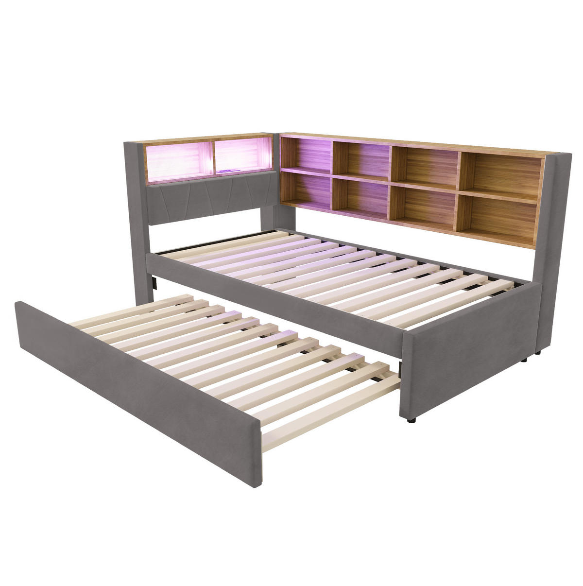 BETT 90/200 cm mit Ausziehbett, LED und Stauraum in Dunkelgrau - Dunkelgrau, Textil (90/190cm) - BEAOK