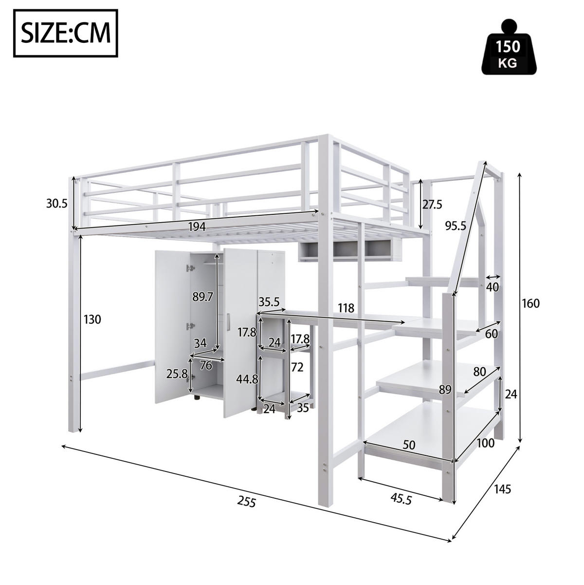 VYSOKÁ postel 255/145/160 cm bílá se skříní a psacím stolem z kovu a MDF - bílá, kov (140/200cm) - OKWISH
