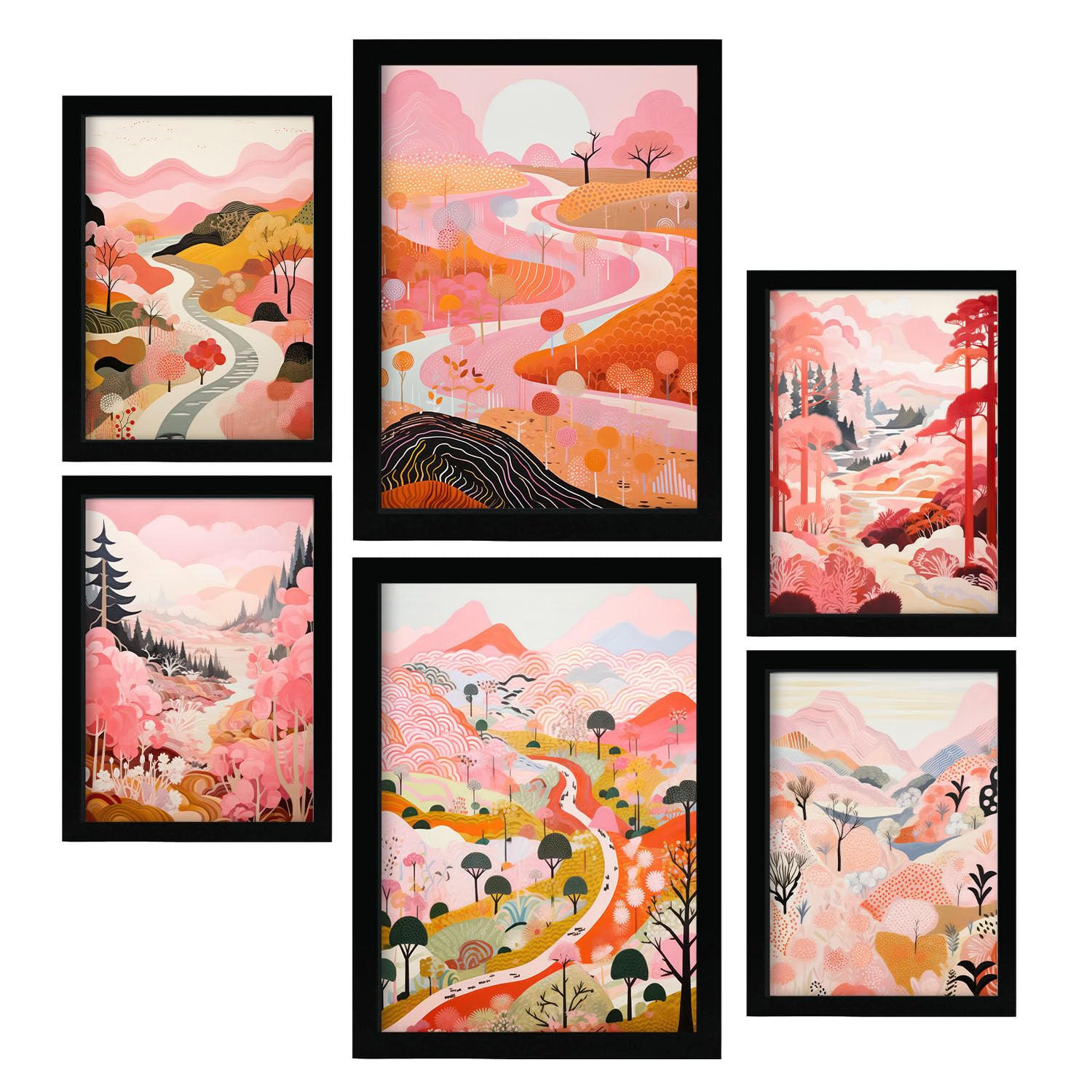 POSTER Set Mit 6 Rosa Karikatur Tal A3 & A4 Schwarzer Rahmen - Schwarz, Papier (29/3cm) - Nacnic