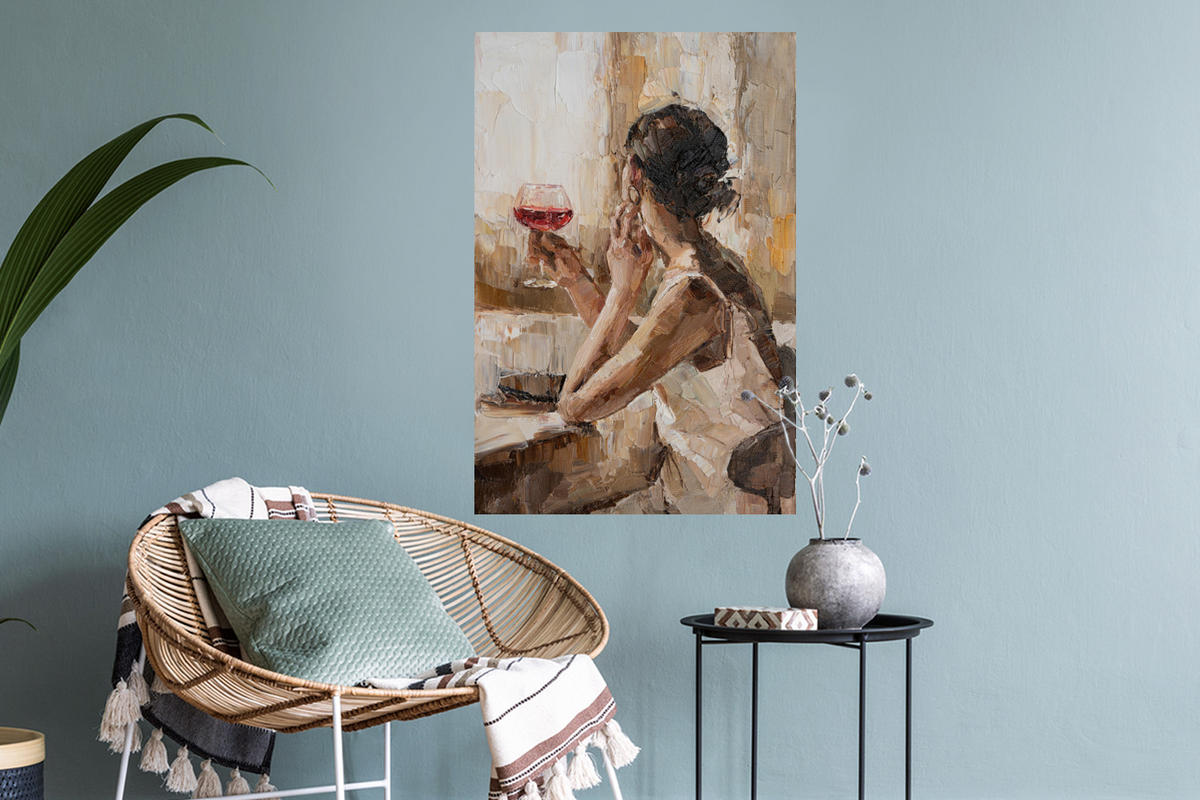 WANDTATTOO Ölgemälde - Frau - Wein 40x60 cm - Hellbraun, Kunststoff (40/60/0.1cm) - MuchoWow