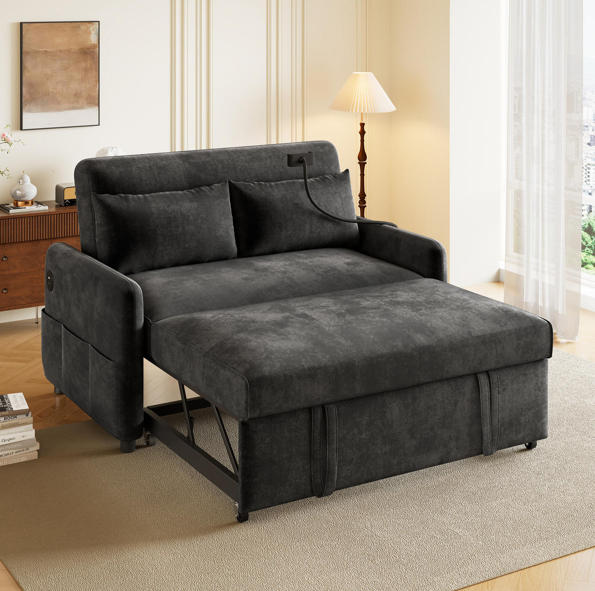 KAUČ od chenille tkanine, 129/163/81 cm siva, na razvlačenje s USB - siva, tekstil (129/81/76cm) - BEAOK