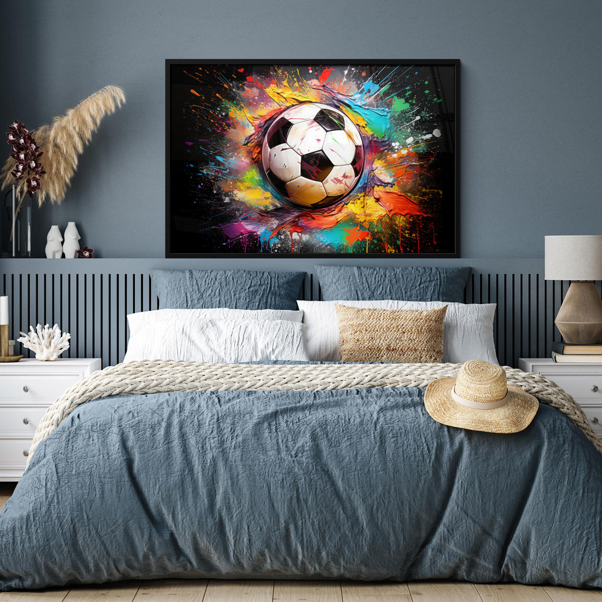 POSTER MIT RAHMEN Fußball - Farbe - Farben - Schwarz - Weiß 120x80 cm - Weiß, Papier (120/80cm) - MuchoWow