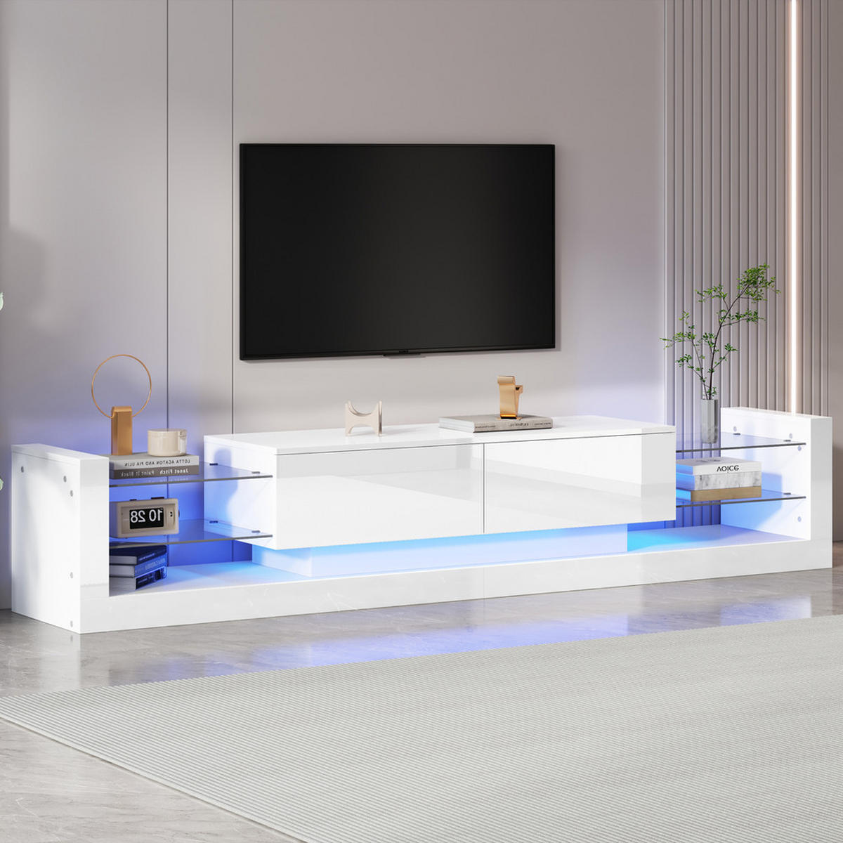 TV-SCHRANK 181cm LED Weiß Glas 70-79 Zoll 2 Schubladen - Weiß, Holz (45.72/15.88/101.6cm) - FLIEKS