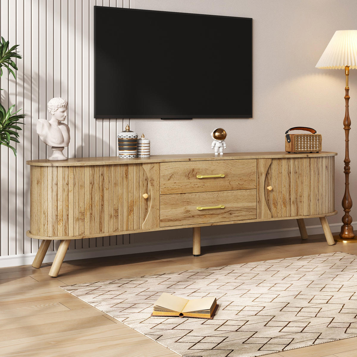 TV-LOWBOARD organisch Rillenoptik 2 Türen 2 Schubladen - Naturfarben, Holz (160/55/36.5cm) - Fortuna Lai