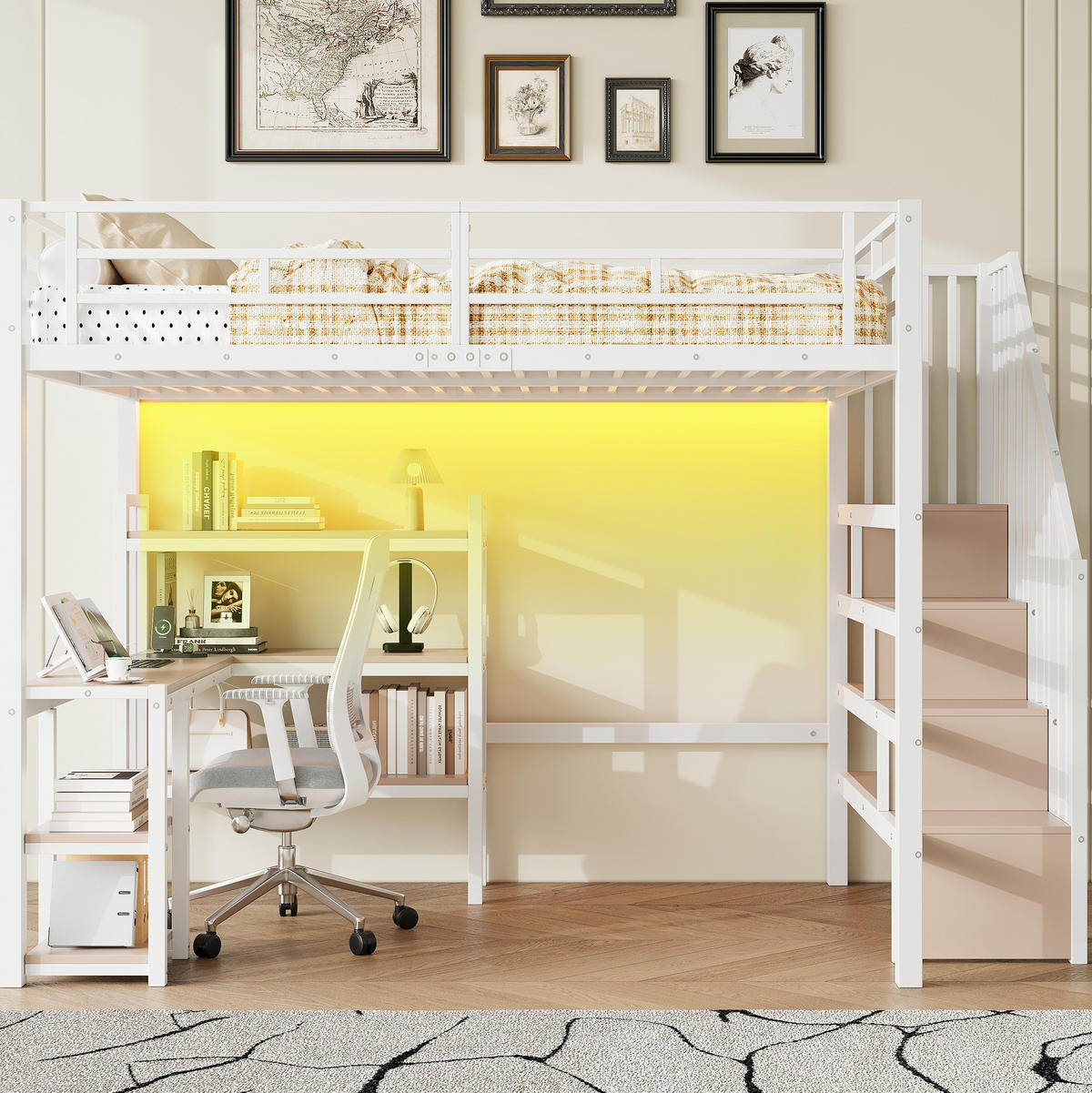 HOCHBETT 140/200 cm weiß aus Metall und MDF mit Schreibtisch und LED - Weiß, Metall (140/200cm) - OKWISH