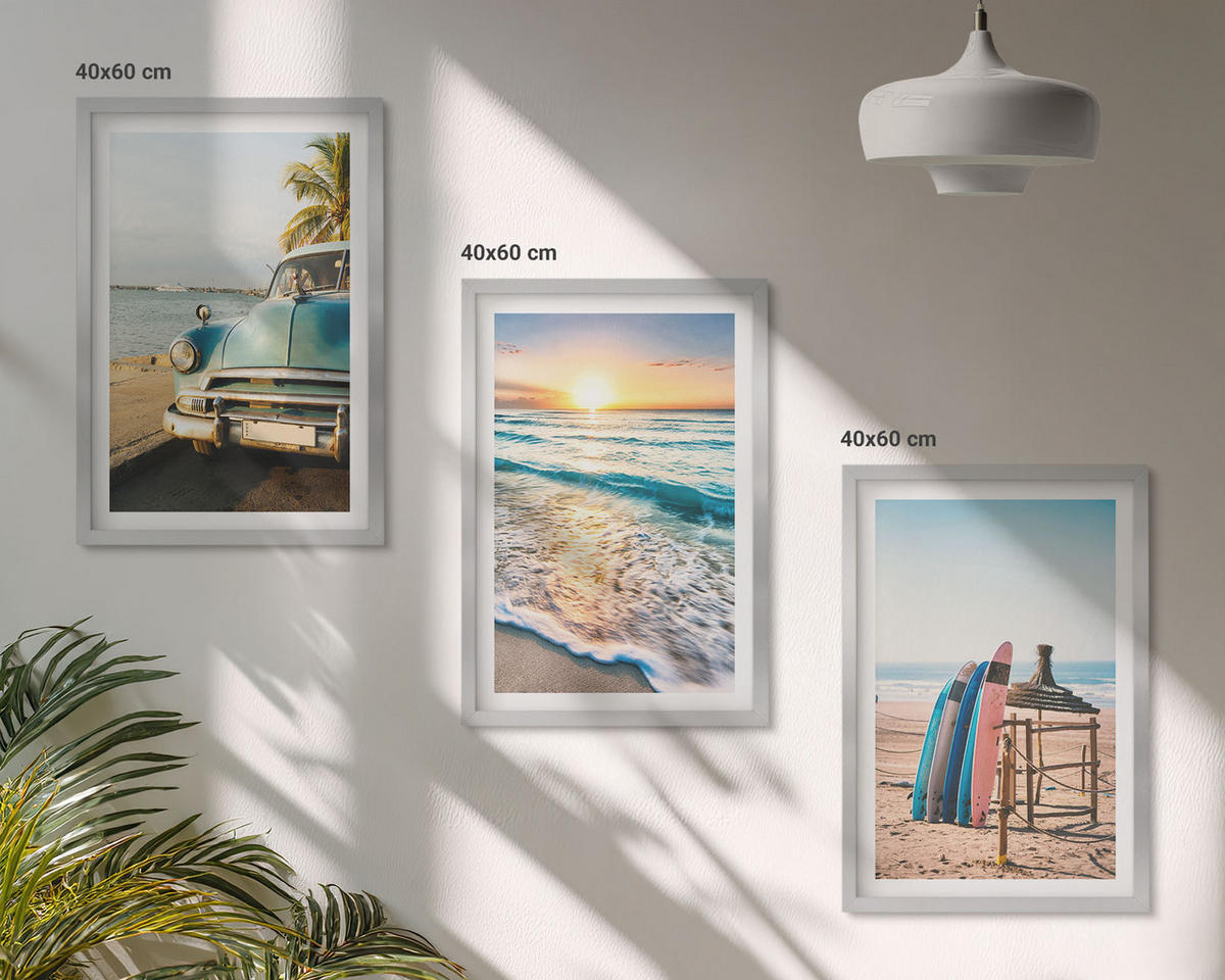 WANDBILDER 3er Set - 40x60 cm Silberner Rahmen - Sonnenuntergangsurlaub in Miami - Silberfarben, Kunststoff (40/60cm) - ArtPrintCave