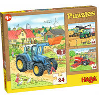 PUZZLE Traktor und Co., ab 4 Jahren, 3 x 24 Teile - Multicolor, Naturmaterialien (24/5/29cm) - Haba