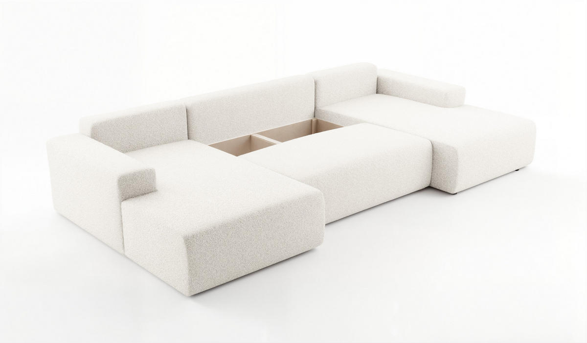 WOHNLANDSCHAFT PULA-U BOUCLE mit Schlaffunktion & Stauraum Ecru - Ecru, Textil (364/84/187cm) - Luxkor24