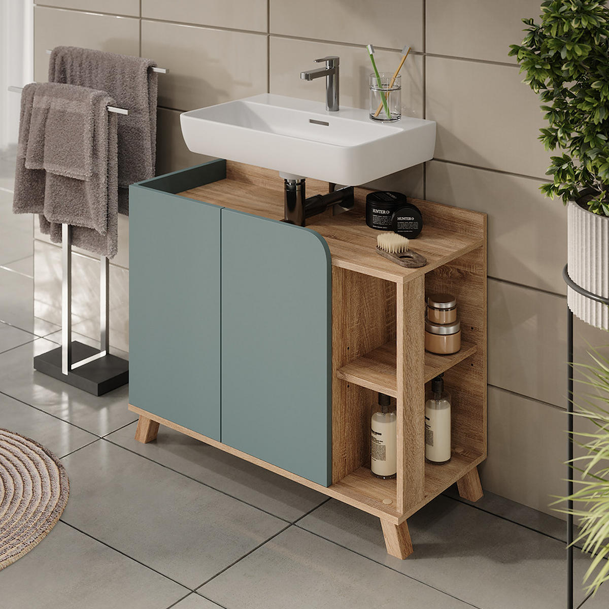 WASCHBECKENUNTERSCHRANK Karen Sonoma/Blau 80 x 65 cm mit 2 Türen - Dunkelblau/Sonoma Eiche, Holzwerkstoff (80/65/35cm) - Vicco