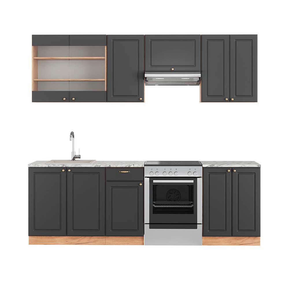 KÜCHENZEILE Fame-Line Anthrazit Landhaus/Goldkraft Eiche 240 cm AP Marmor - Dunkelgrau/Eiche Wotan, Holzwerkstoff (240/81.6/60cm) - Vicco