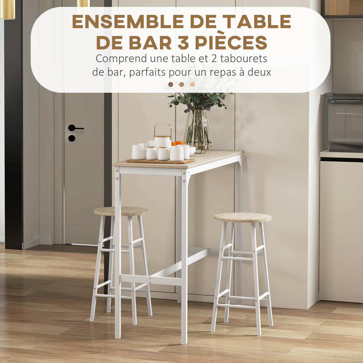 BARTISCH-SET DE-14727 2 Hocker mit Fußstütze Holzoptik/Weiß - Eichefarben, Holzwerkstoff (105/40/90cm) - ComfortXL