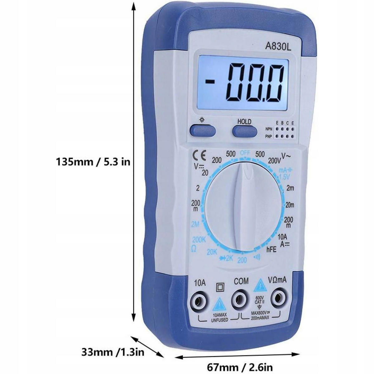 MULTIMETER A830L Digitales Multimeter, LCD, AC/DC V, DCA 10 A, Ω bis 2 MΩ, Diodentest, Durchgang, HFE, Hold, Beleuchtung, 9 V, 140 x 70 x 35 mm - Multicolor, Kunststoff/Metall (10/10/10cm)