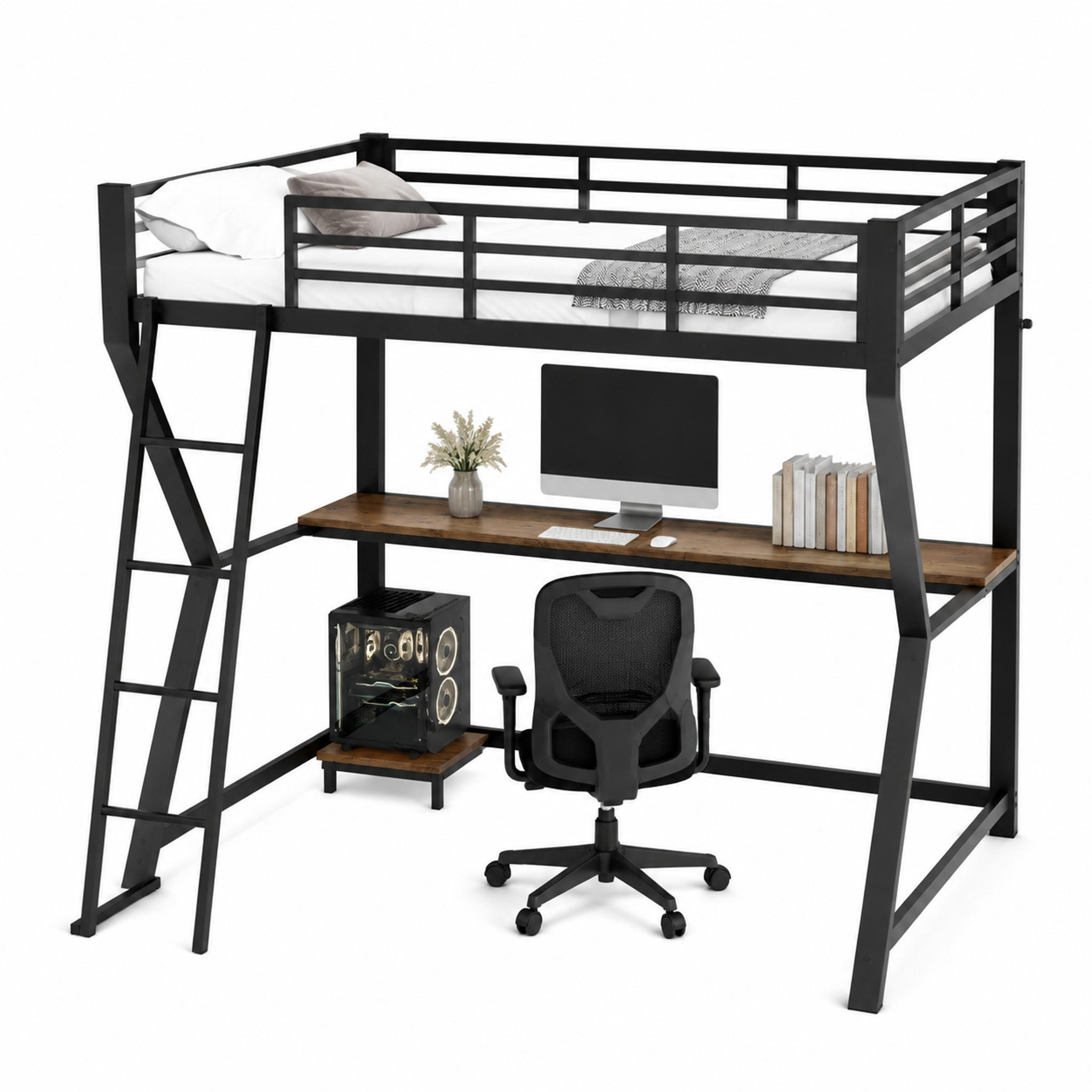 HOCHBETT mit Schreibtisch 90x200 cm Metall Schwarz - Schwarz, Metall (90/200cm) - Meubliv