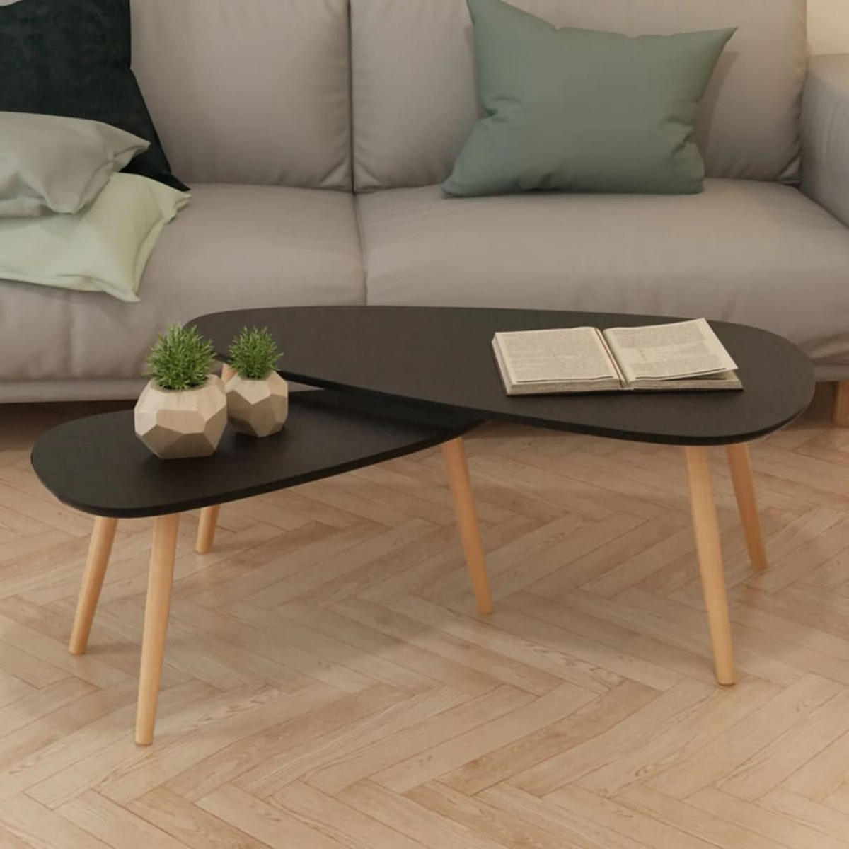 2-TLG. Couchtisch-Set Massivholz Kiefer Schwarz - Schwarz, Holz (100/50/40cm) - furnicato