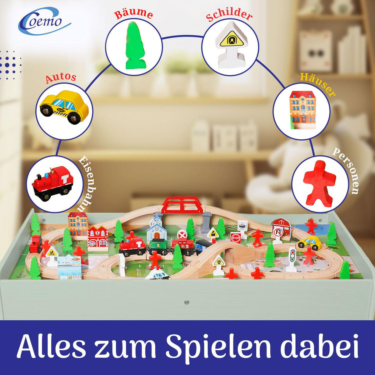 SPIELTISCH MIT HOLZEISENBAHN 90-tlg. Set Tisch Farbe Grün - Grün, Holzwerkstoff (57/98cm) - Coemo