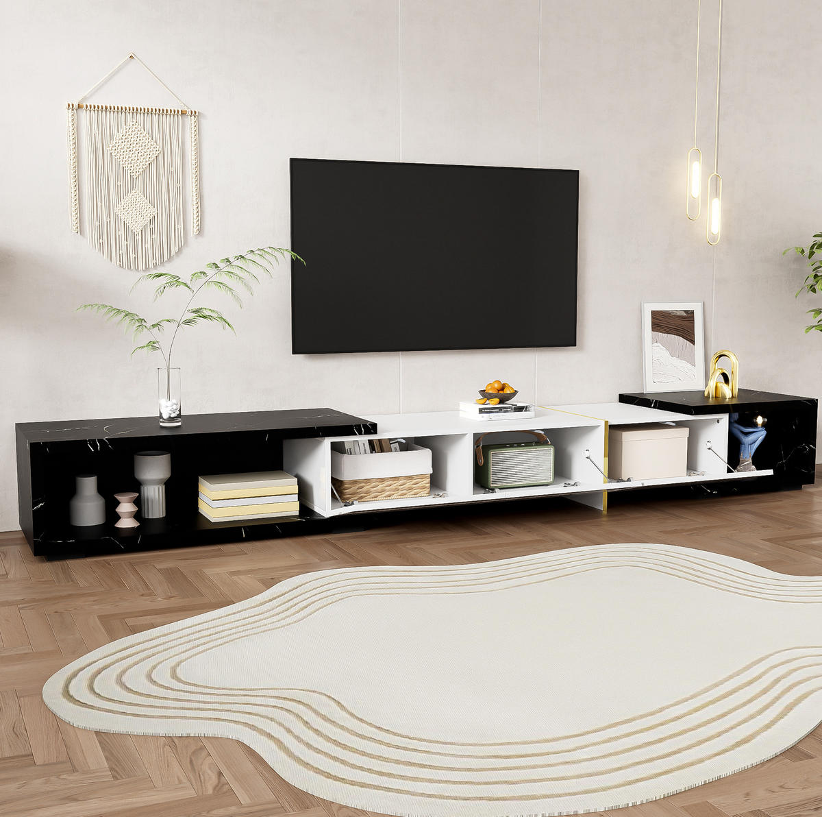 TV komoda, 140-260/40/30 cm, MDF a dřevotříska, bílá/černá mramor, otočná - bílá, kompozitní dřevo (260/30/40cm) - BEAOK
