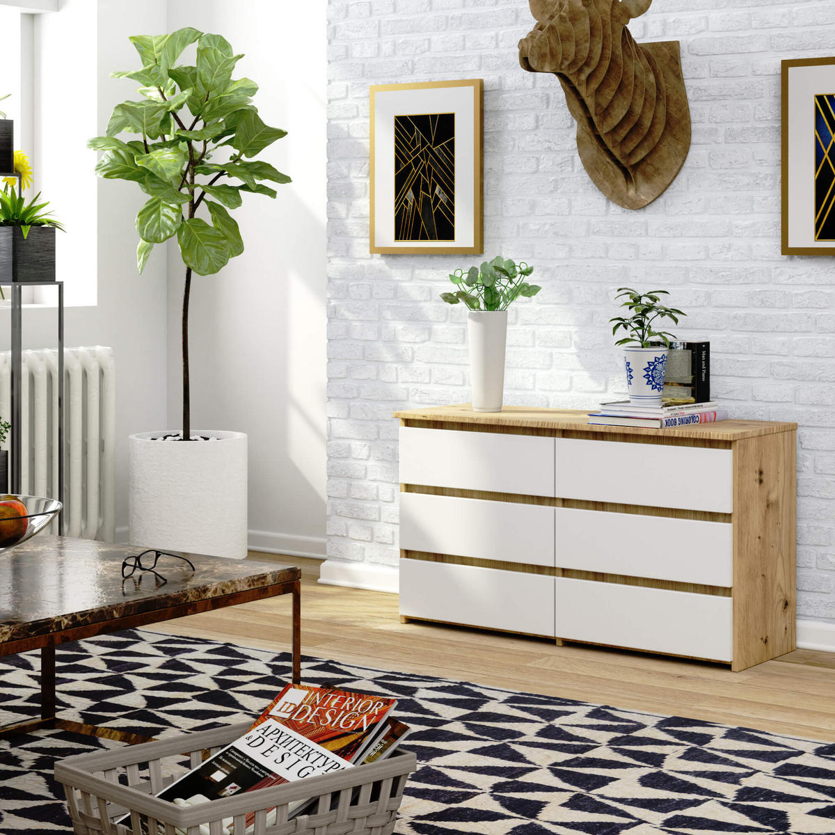 KOMMODE Eiche Artisan, Weiß 35x100x57 cm - Eiche Artisan/Weiß, Holzwerkstoff (100/57/35cm) - Akord