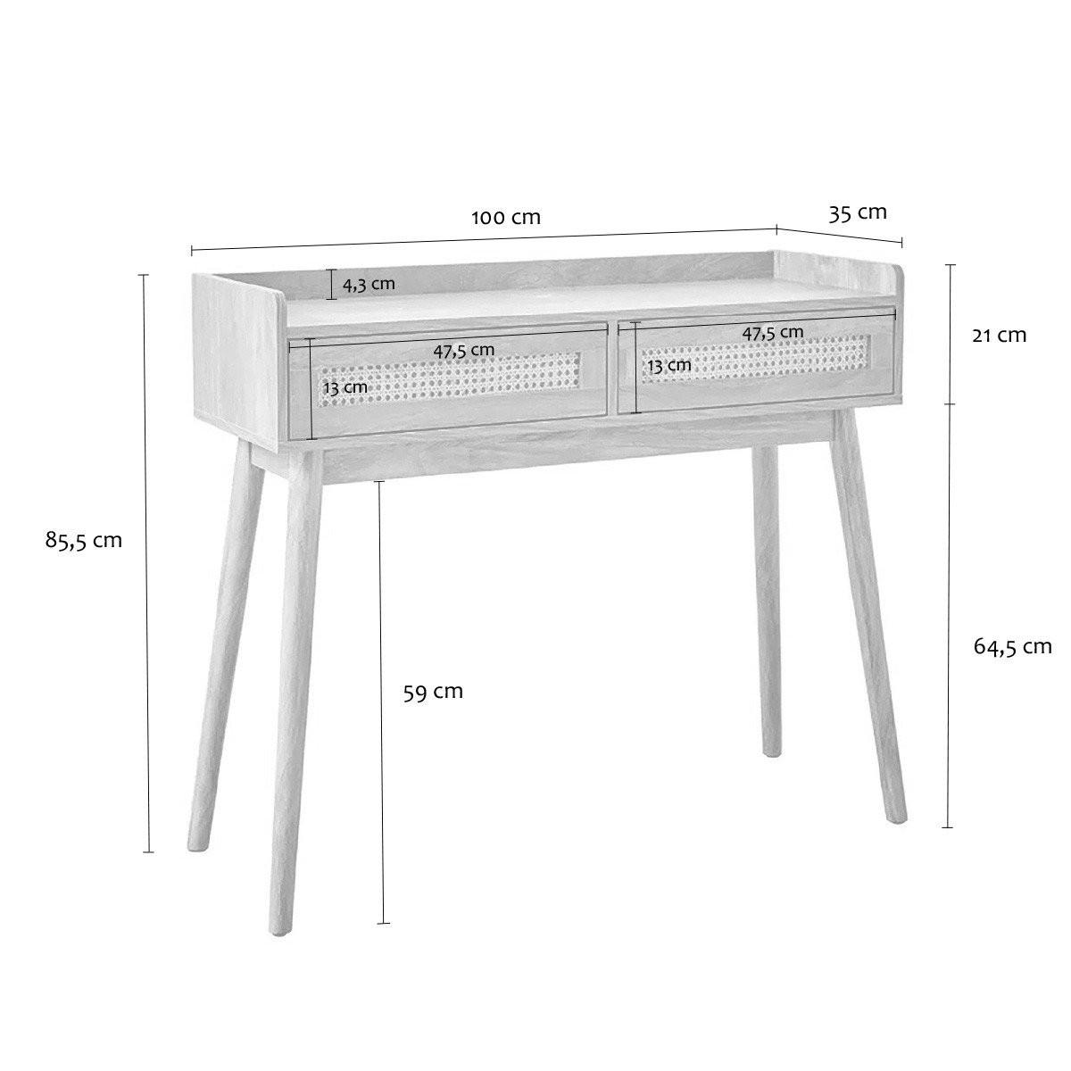 KONSOLE 2 Schubladen mit Rattanfronten und Holzbeinen Palmo 100/35/85,2 cm - Apfelbaumfarben, Holzwerkstoff (100/35/85.2cm) - Calicosy