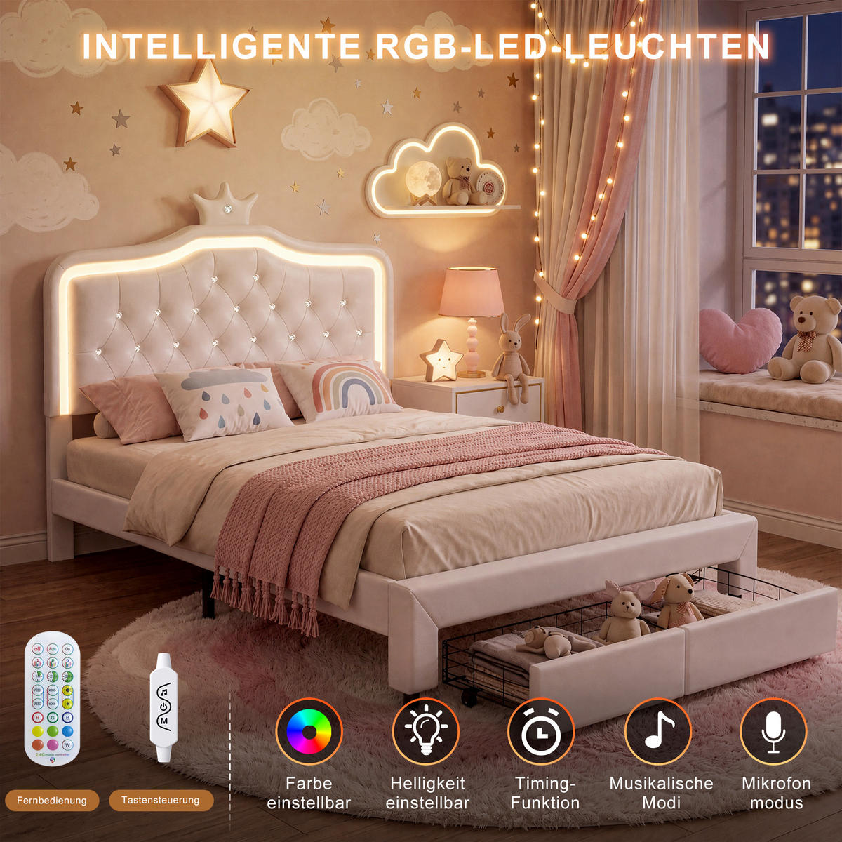 POLSTERBETT 140/200 cm mit LED und Schublade,Kinderbett Kunstleder, Weiß - Weiß, Holz/Metall (140/200cm) - PARAFTA HOME