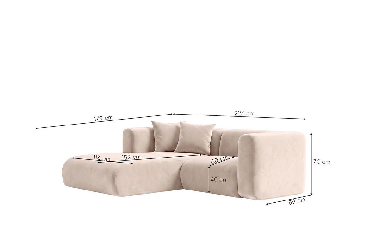 ECKSOFA L-Form mini, Velvet-Stoff Bluvel, Creme, Links, GRETA - Creme, Holz (226/179cm) - Kaiser Möbel