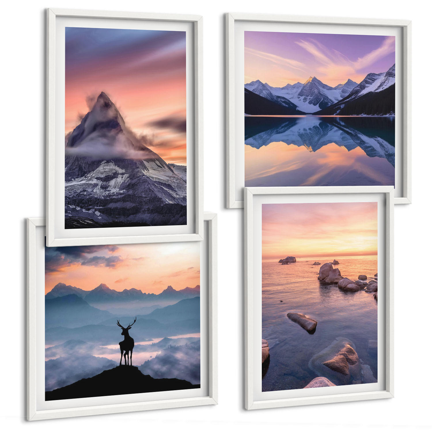 BILDER SET 4er Set - 50x50 cm & 40x60 cm Weißer Rahmen - Landschaften Berge Seen jelen - Weiß, Kunststoff (50/50cm) - TULUP