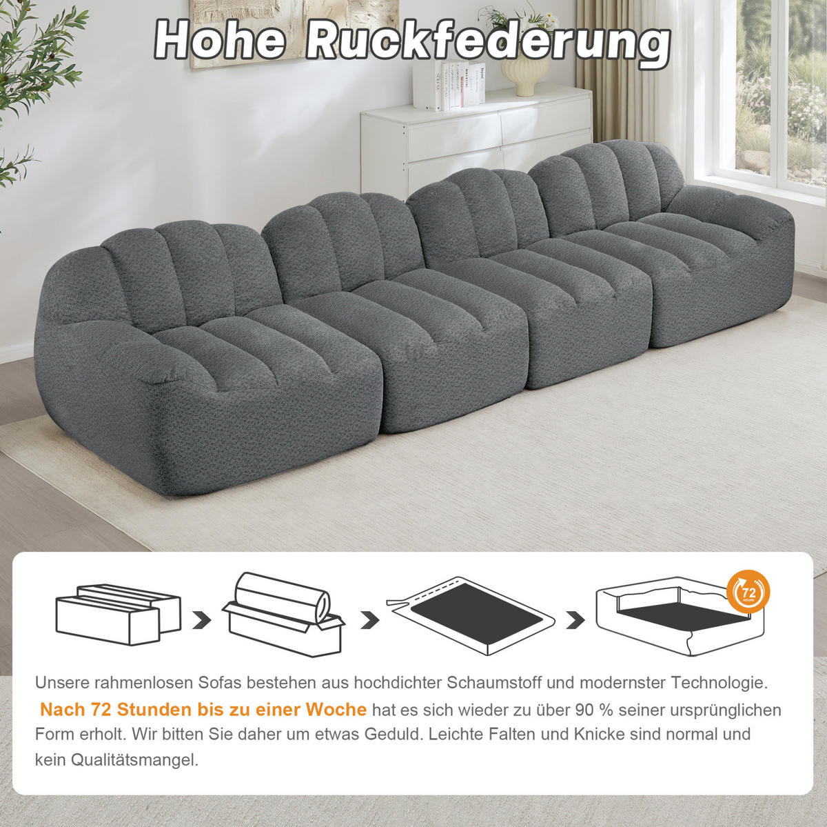 MODULARES 4-Sitzer-Sofa aus granuliertem Fleece mit ergonomischer Muschelform Grau - Grau, Textil (104/79/366cm) - Modenvie