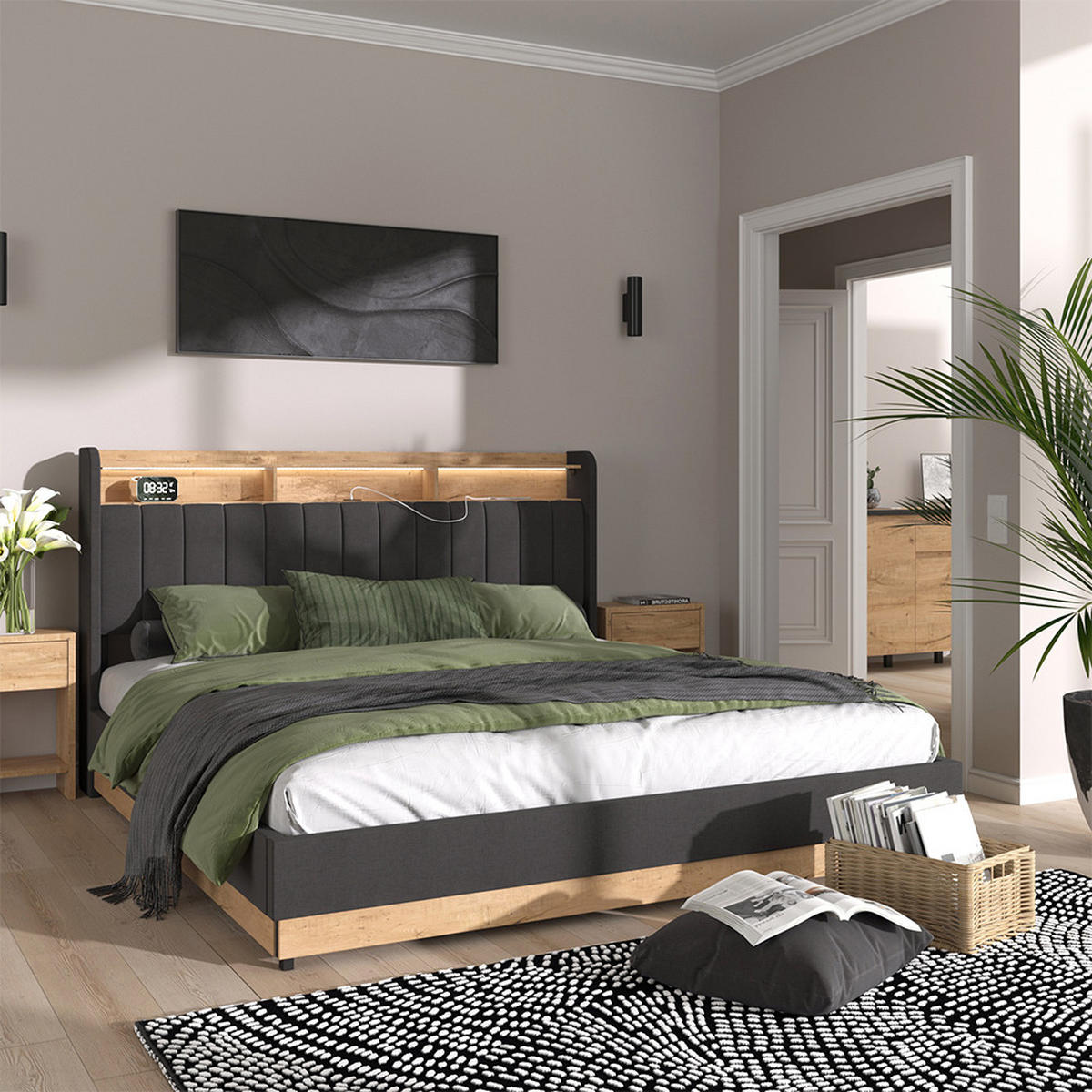 ČALOUNĚNÁ POSTEL Nura Antracit - antracitová/barva dubu, kompozitní dřevo - VitaliSpa