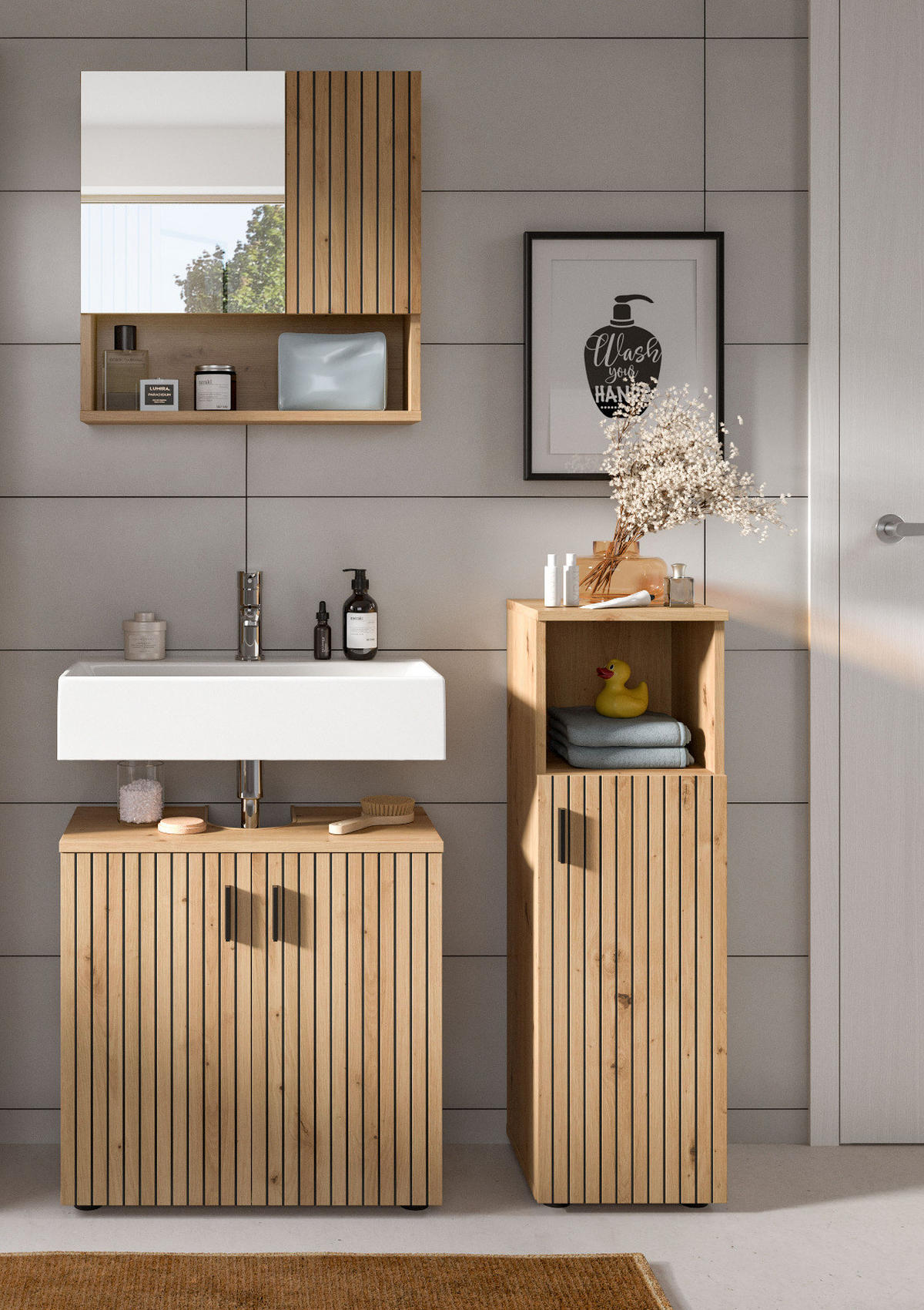 BADMÖBEL-SET Eiche Artisan 3-teilig 105 cm, Badkombination mit Rillen - Schwarz/Eiche Artisan, Glas/Holzwerkstoff (105/180/30cm) - Inn.Furn