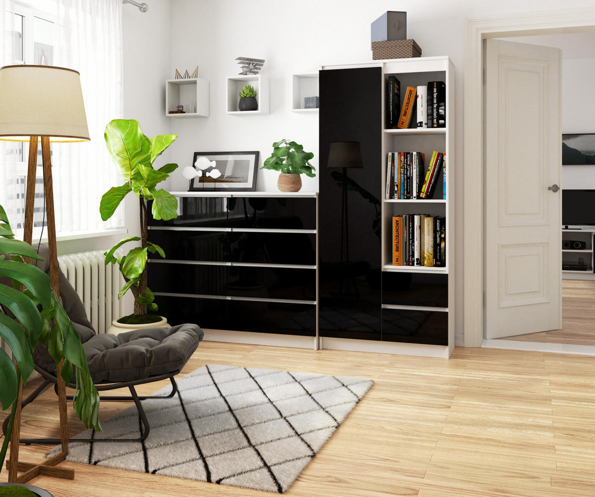 STANDREGAL Weiß, Schwarz Glanz 180/80/35 - Weiß, Holzwerkstoff (80/180/35cm) - RAUMHIRSCH FURNITURE