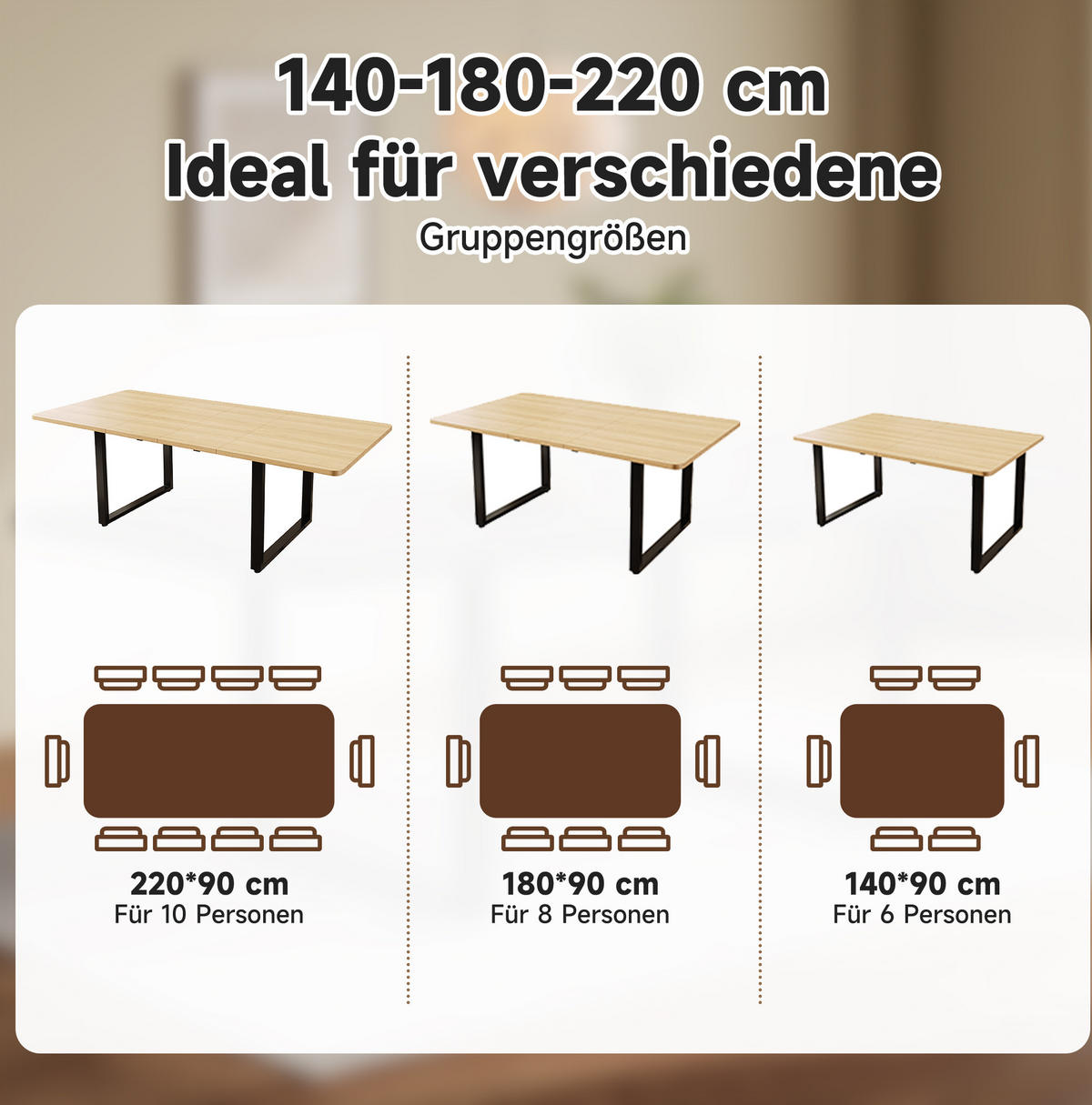 ESSTISCH aus MDF 140/180/220x80 cm Eichefarben ausziehbar für 6-10 Personen mit stabilen Metallbeinen - Eichefarben, Holzwerkstoff (220/90/75cm) - Modfu