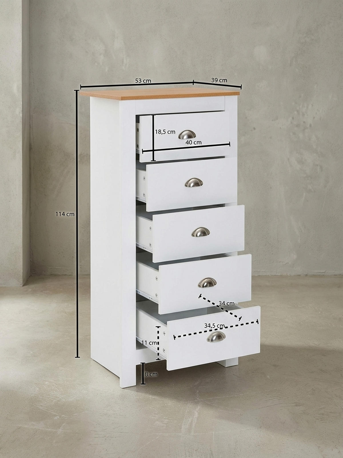 KOMMODE – Eiche/Weiß, 5 Schubladen, melaminbeschichtet - Weiß, Holz/Metall (53/114/39cm) - KADIMA DESIGN