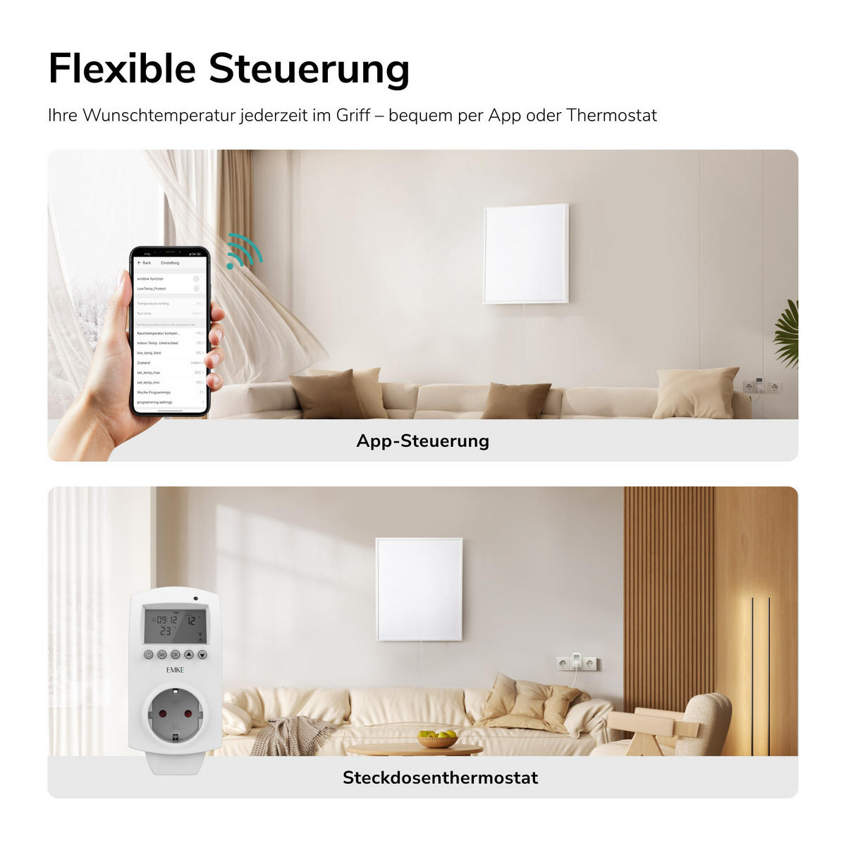 WANDKONVEKTOR Elektrisch 300 W mit Thermostat und App Steuerung 50,5/59,5 cm - Weiß, Kunststoff/Metall (50.5/59.5/2cm) - EMKE