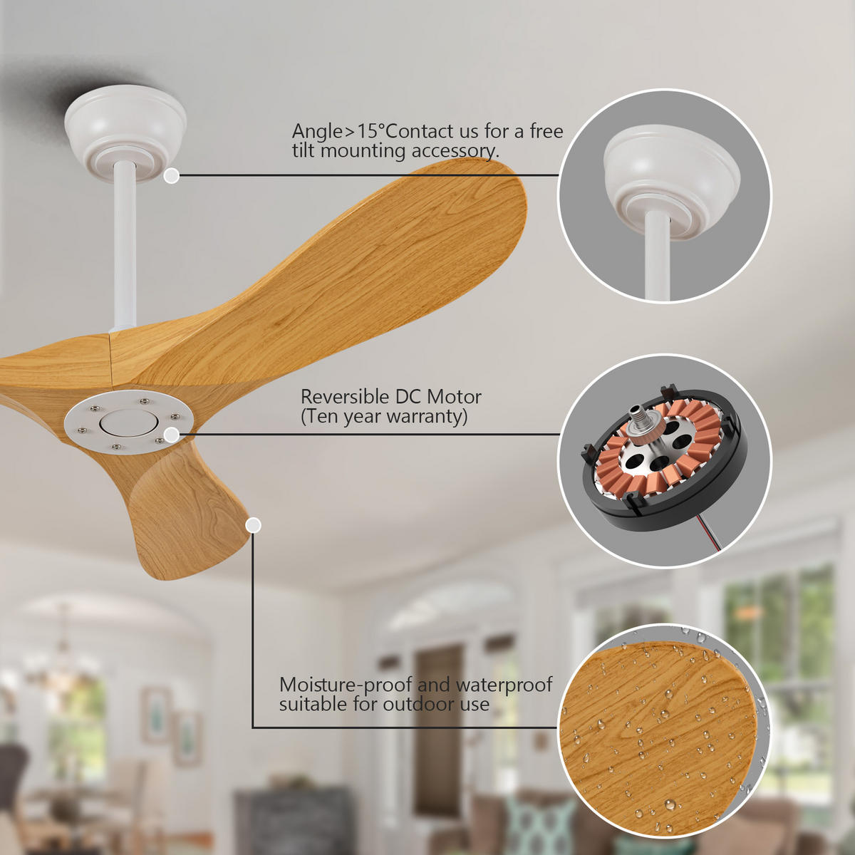 DECKENVENTILATOR DE-16227 42 Zoll mit Fernbedienung & reversibel Holzfarbe - Naturfarben, Kunststoff (107/107/38cm) - ComfortXL