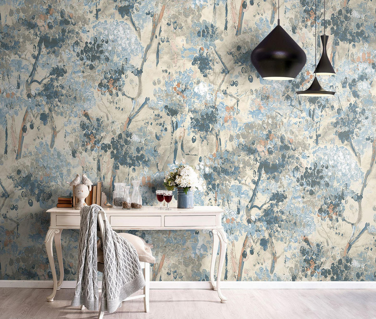 FOTOTAPETE Blumenmuster 424 x 280 cm - Blau, Papier (424/280cm) - Sanders & Sanders