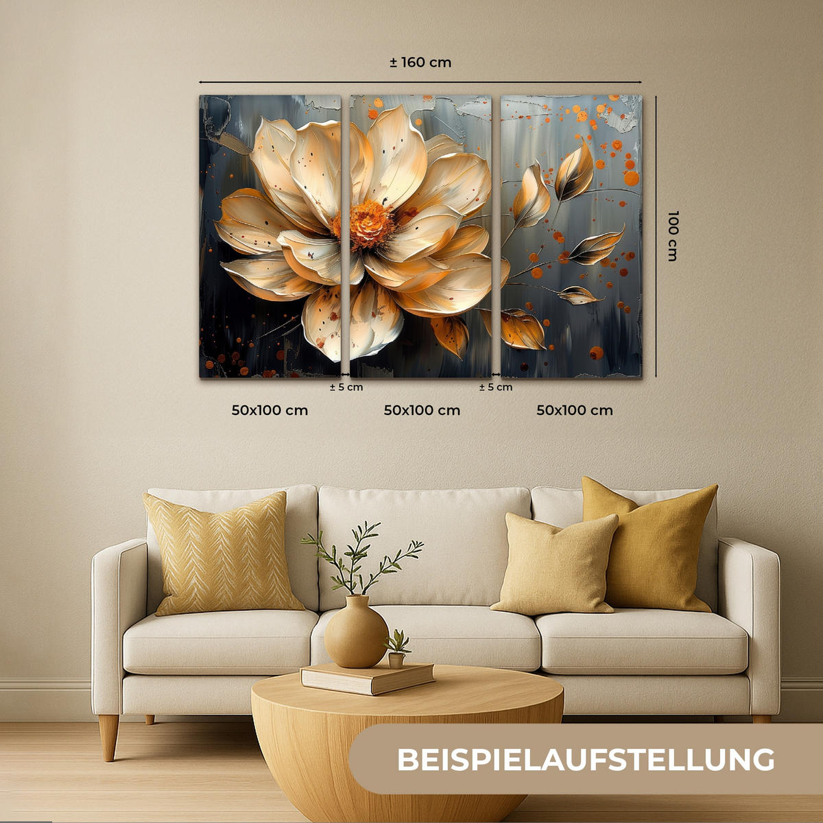 OBRAZ NA PLÁTNĚ 3dílná sada Květina - Zlato - Abstraktní - Malba 180x120 cm - krémová, textil (180/120cm) - MuchoWow