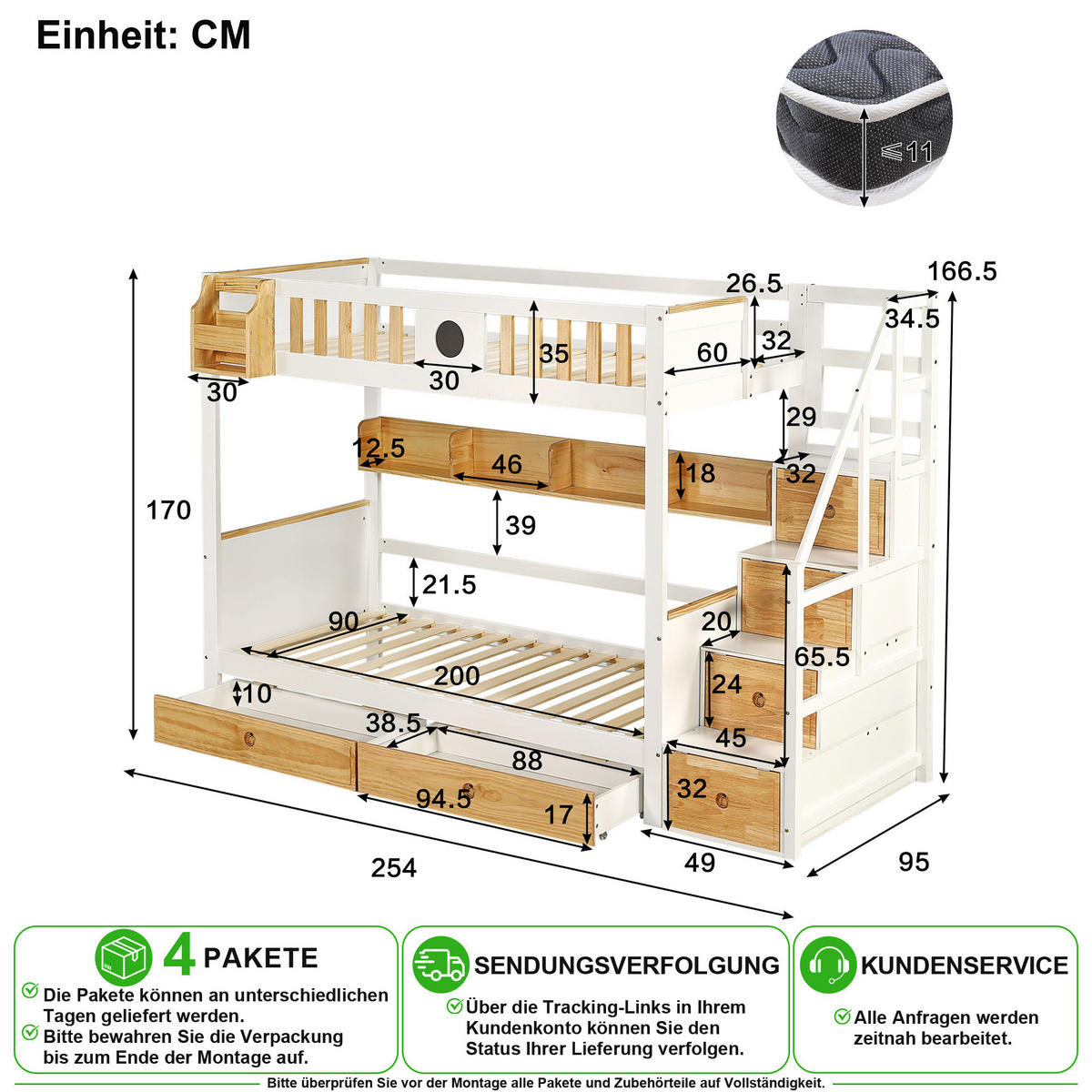 PATROVÁ POSTEL 90/200 cm & 90/200 cm v bílé a přírodní barvě se schody a úložným prostorem - bílá/přírodní, dřevo/kompozitní dřevo (90/200cm) - CHICFURN
