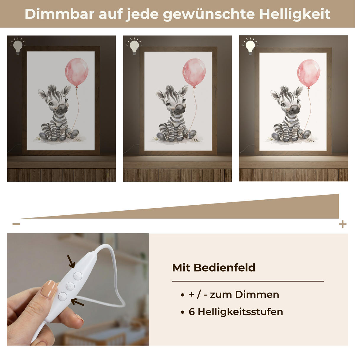 NACHTTISCHLAMPE Zebra - Baby - Tiere - Rosa Luftballon 20x30 cm - Weiß, Holzwerkstoff (8/20/30cm)