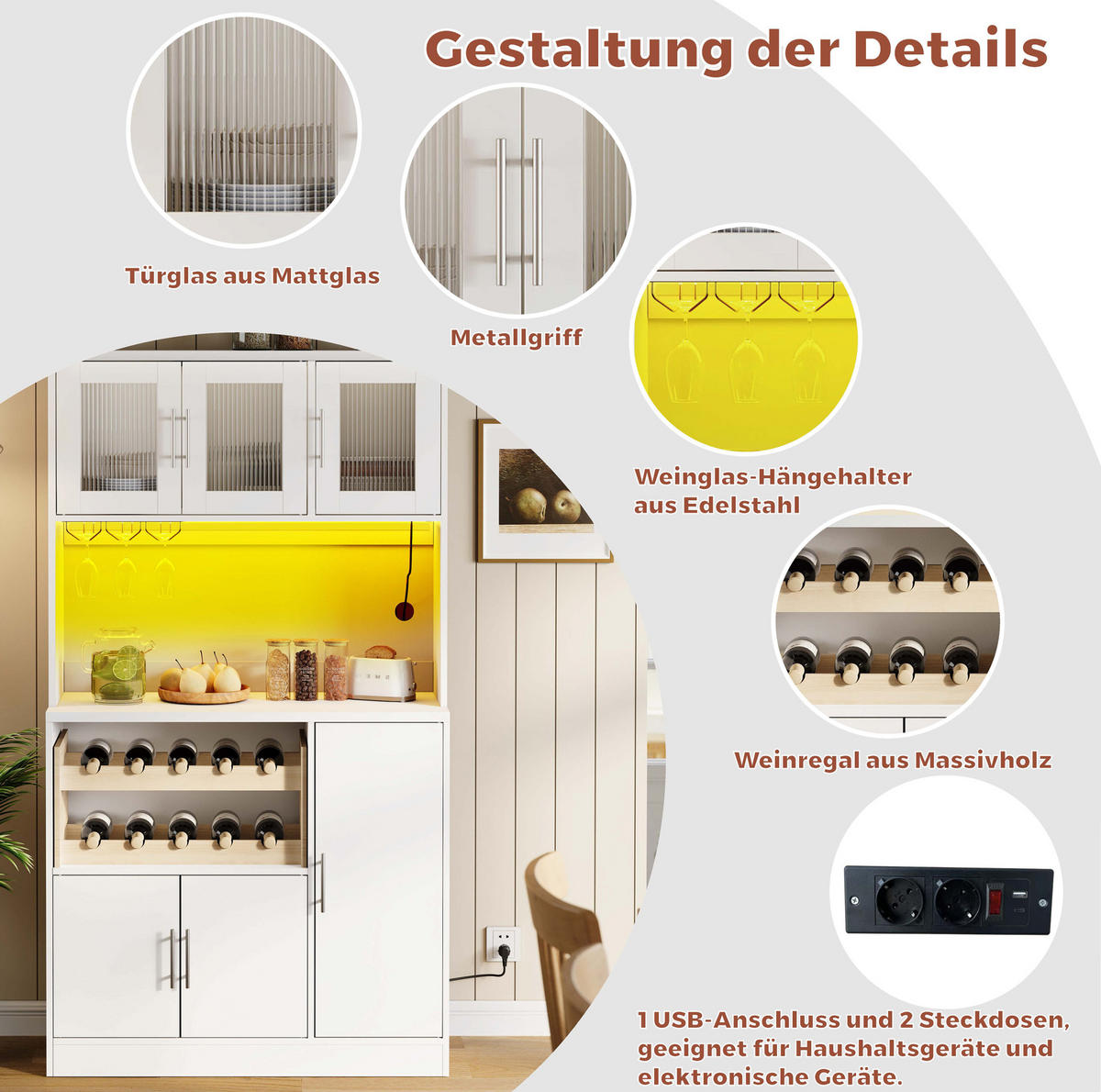 BUFFET 100/40/180 cm weiß aus MDF mit LED und Steckdose - Weiß, Holzwerkstoff (100/180/40cm) - OKWISH