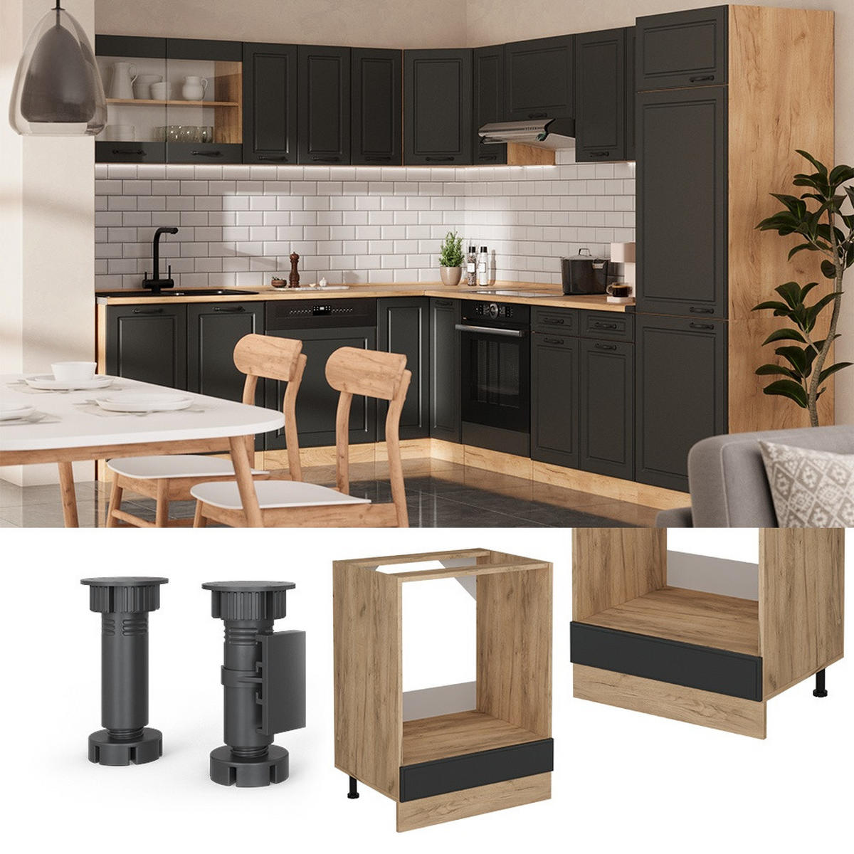 HERDUMBAUSCHRANK R-Line Anthrazit Landhaus 60 cm , AP Eiche - Honigeiche/Anthrazit, Holzwerkstoff (60/81.6/60cm) - Vicco