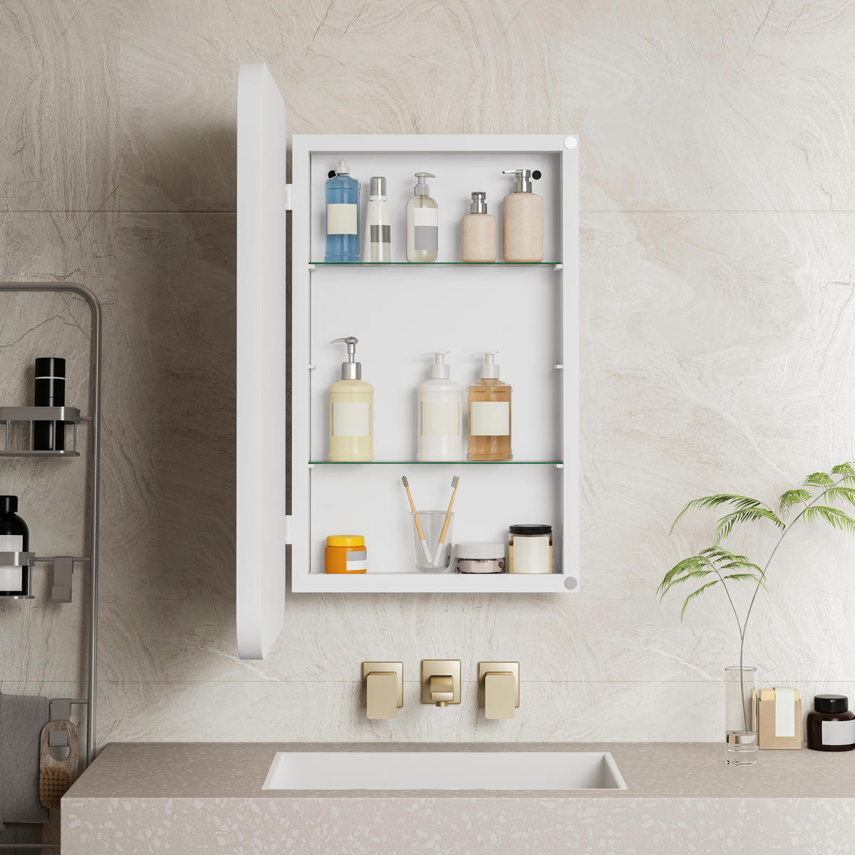 SPIEGELSCHRANK 76x51x12cm Weiß mit Aufbewahrung - Wandspiegel für Badezimmer - Weiß, Glas (76/12/51cm) - Modfu