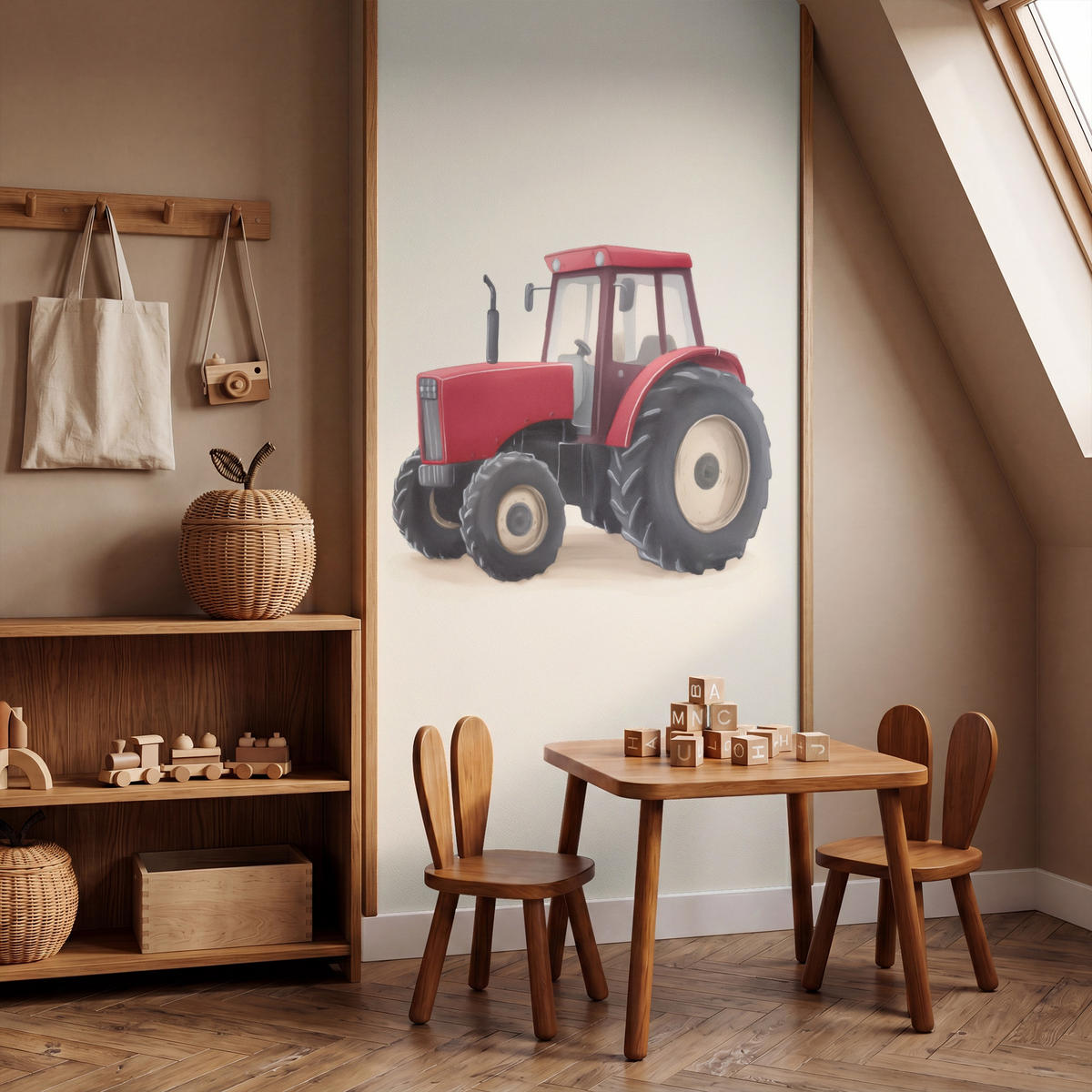KINDERTAPETE - Traktor - Minimalistisch - Illustration - Rot - 140x280 cm - Rot, Papier (140/280cm) - OnlyWow