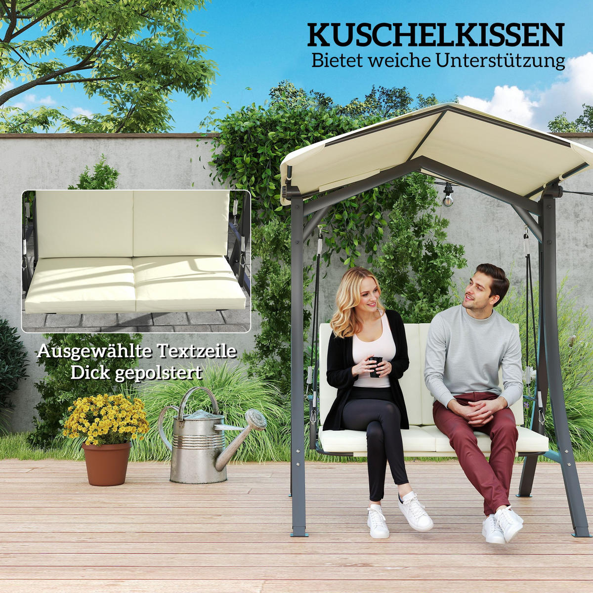 HOLLYWOODSCHAUKEL Cremeweiß 2-Sitzer 150/120/182 cm - Creme, Metall (150/182/120cm) - PANGIVO