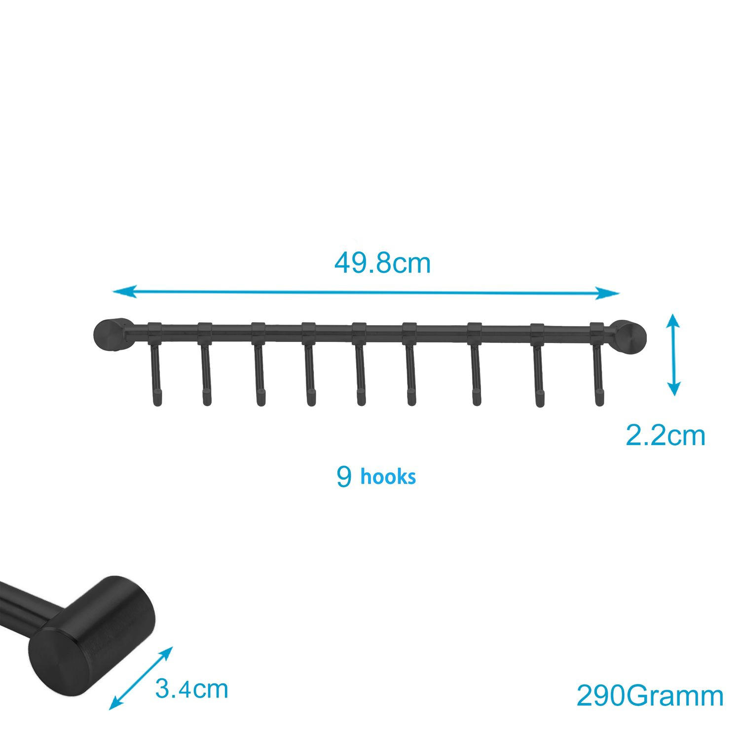KÜCHEN HAKENLEISTE mit 9 Haken - Schwarz, Metall (3.4/2.2/49.8cm) - Intirilife