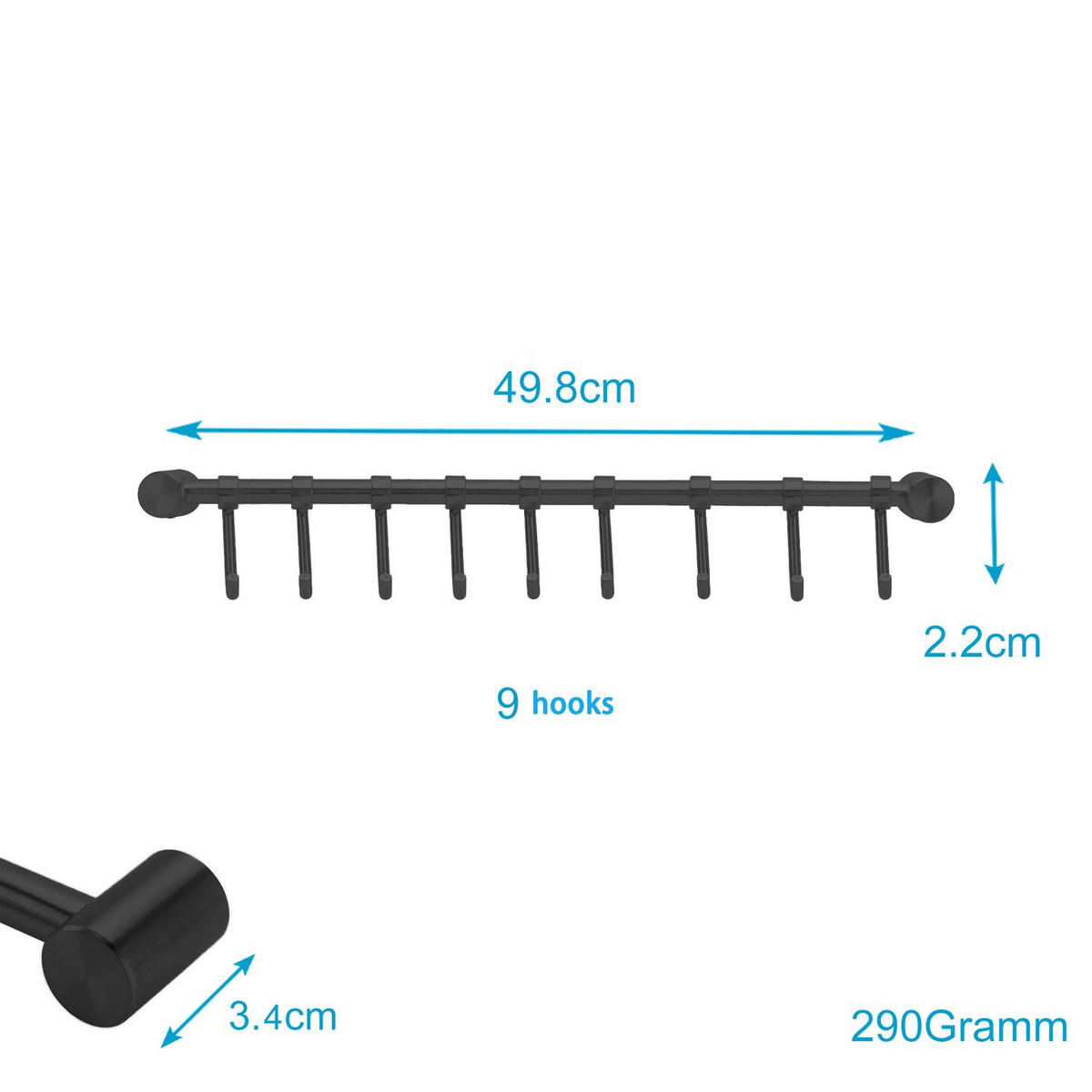 KÜCHEN HAKENLEISTE mit 9 Haken - Schwarz, Metall (3.4/2.2/49.8cm) - Intirilife