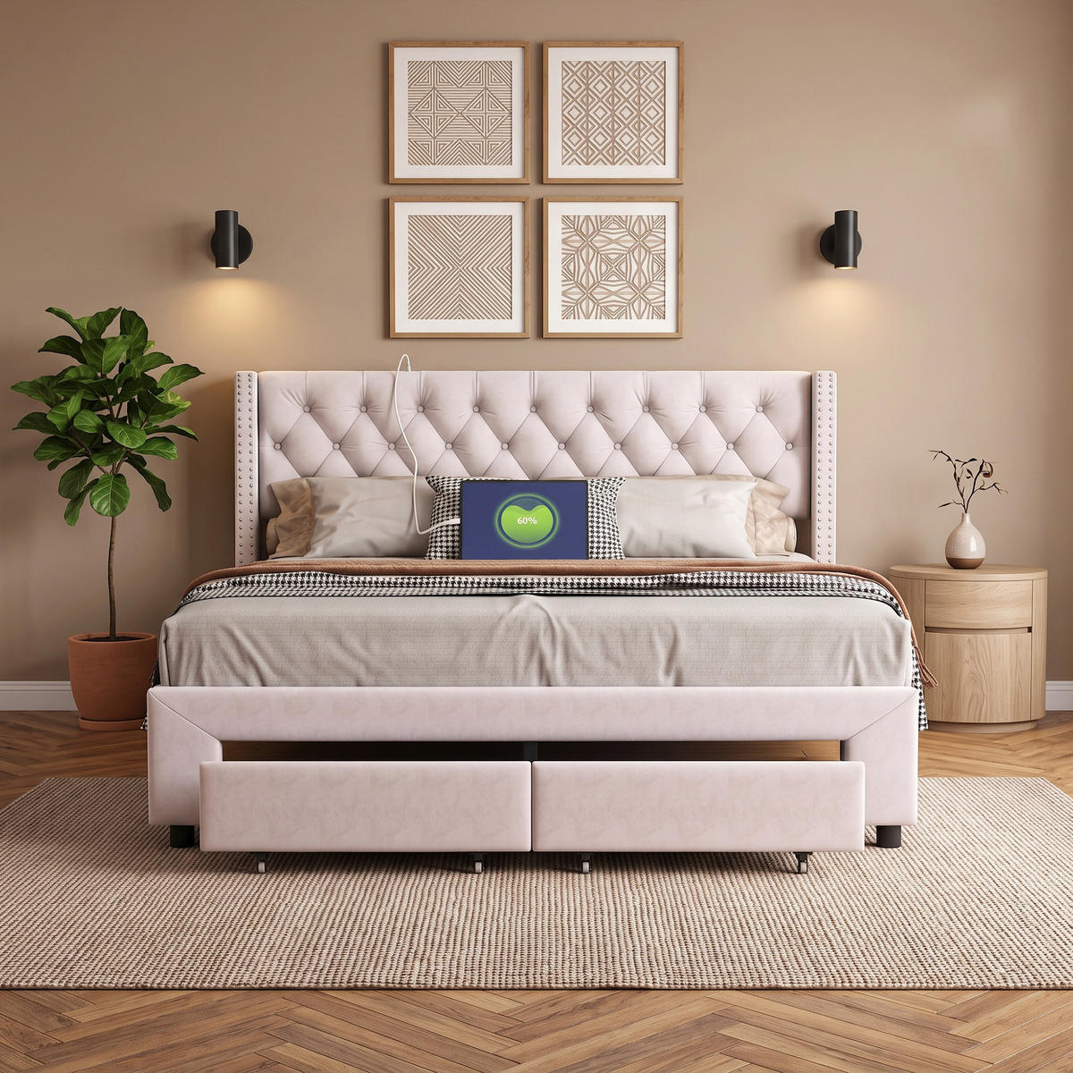 POLSTERBETT 180x200 mit LED und USB, Stauraum, Lattenrost und 2 Schubladen, doppelbett 180x200, Samt Ecru - Ecru, Holz/Textil (180/200cm) - GENKI LIVING