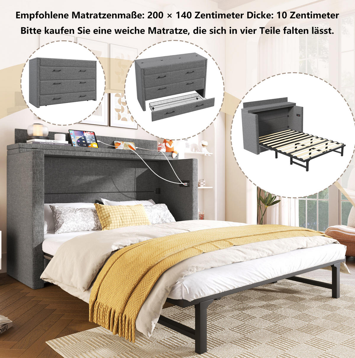 BETT 140/200 cm Grau aus Leinen und MDF mit USB- und Typ-C-Anschlüssen - Grau, Textil (140/200cm) - OKMYHOME