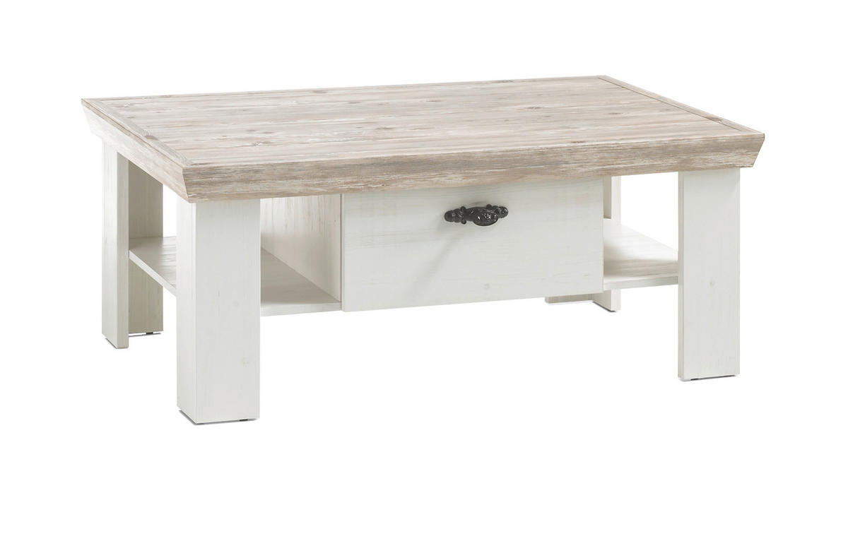 COUCHTISCH Pinie weiß, Oslo Pinie Landhaus, Beistelltisch mit Ablage 2 x Schubkasten, 109 x 69 cm - Weiß/Pinienfarben, Holzwerkstoff/Metall (109/69/45cm) - Furn.Design
