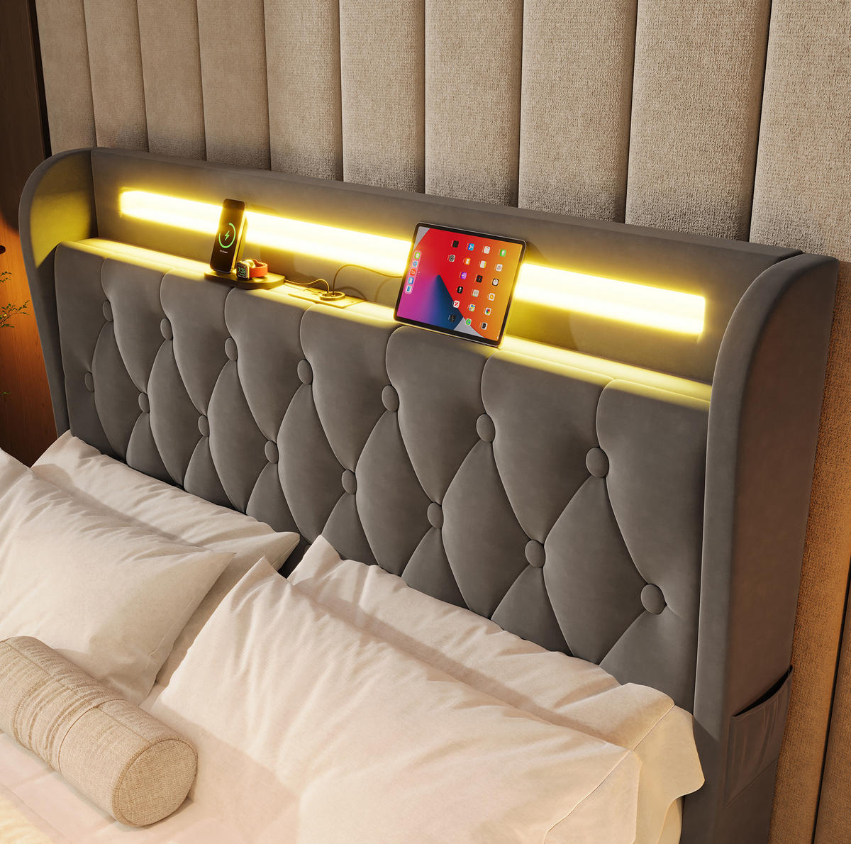 ČALÚNENÁ posteľ z látky a kovu 140x190 cm sivá s RGB LED osvetlením, USB-C a 4 zásuvkami - sivá, textil (140/190cm) - Modfu