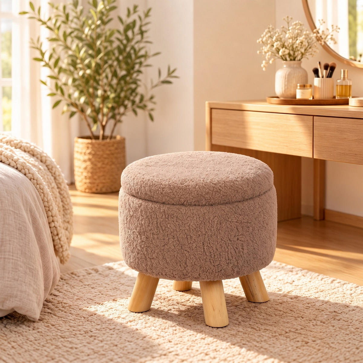 TABURET Maro material teddy cu spațiu de depozitare 30x33 cm - maro, material textil/compozit lemnos (33/30/33cm) - Relaxdays